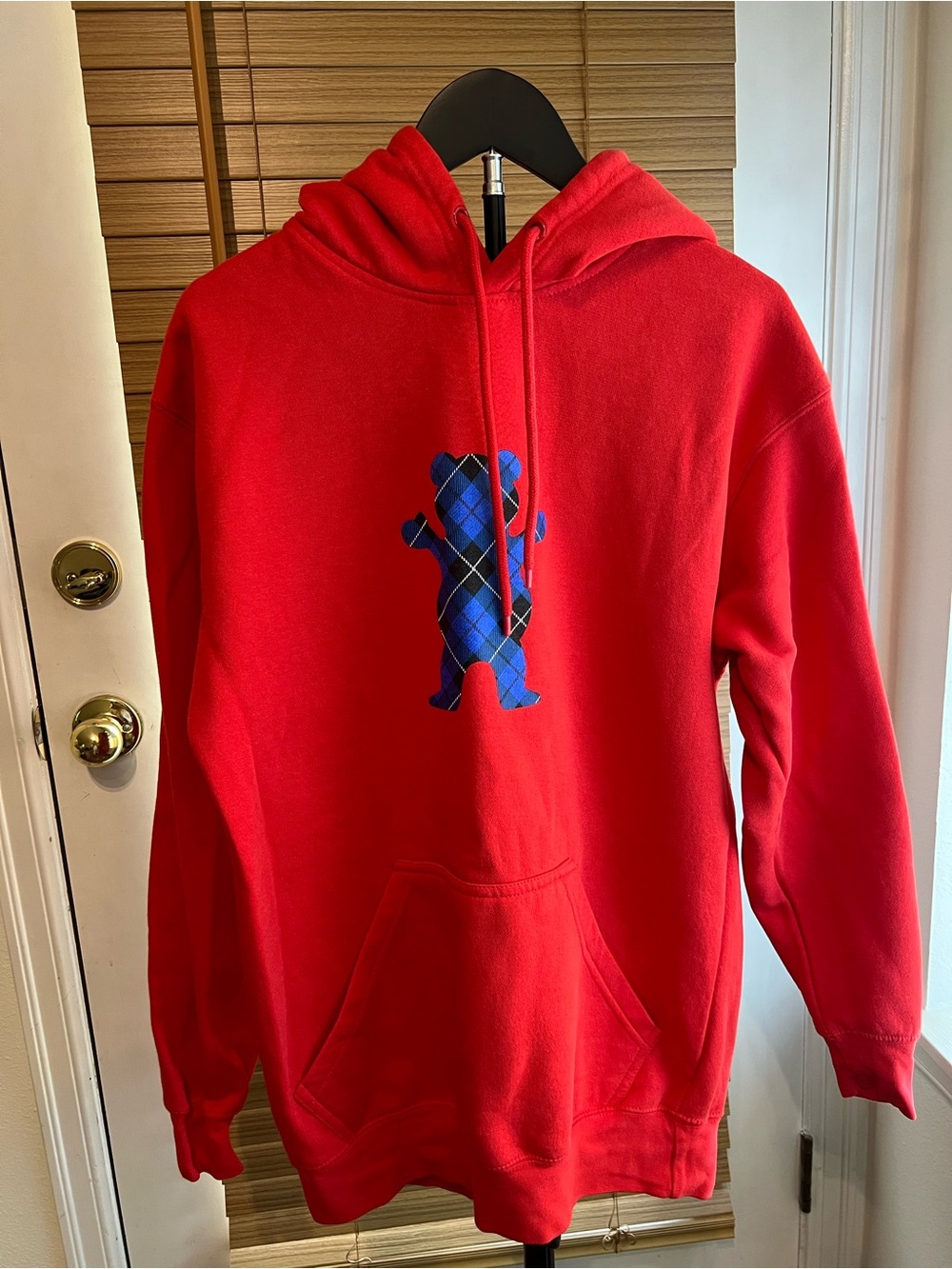 Red Men’s Hooded Sweatshirt with Blue Plaid Bear Motif